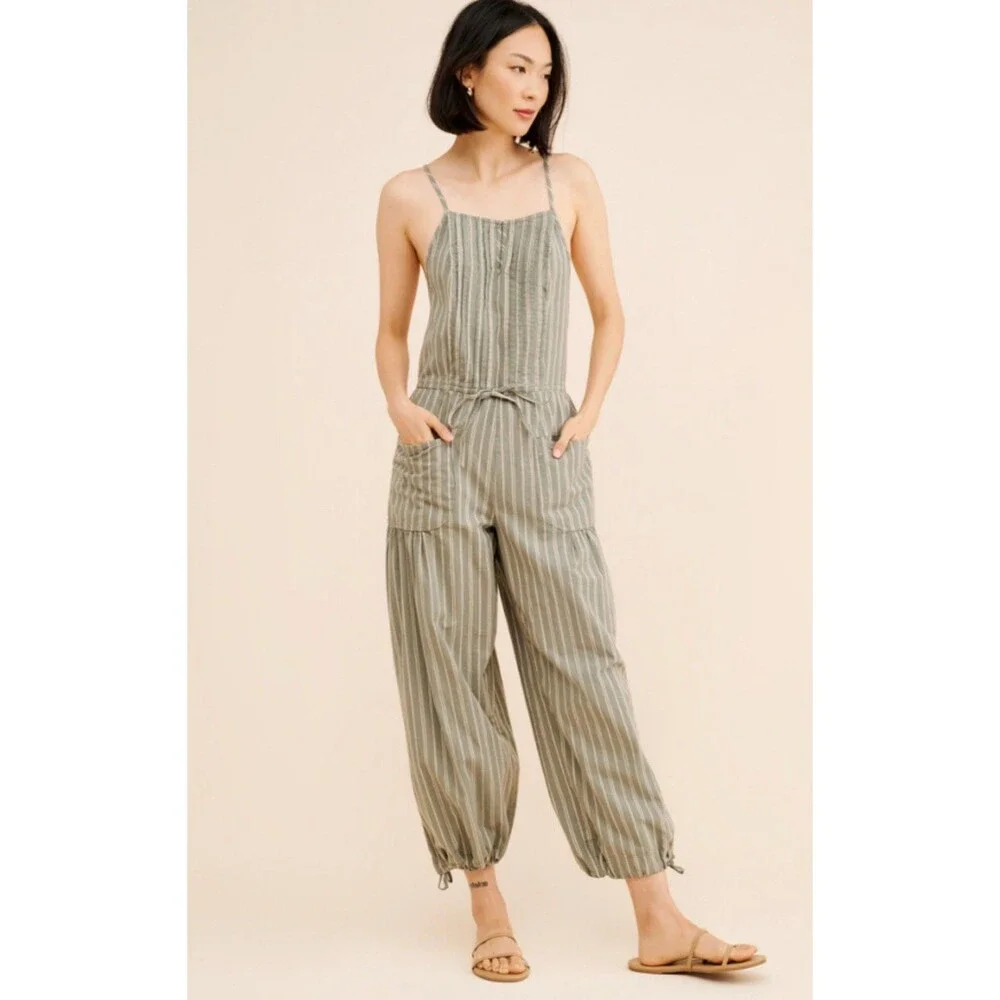 Free People Jumpsuit Women Gray Stripe Cotton Verona Bare Boho Retro Size XL New